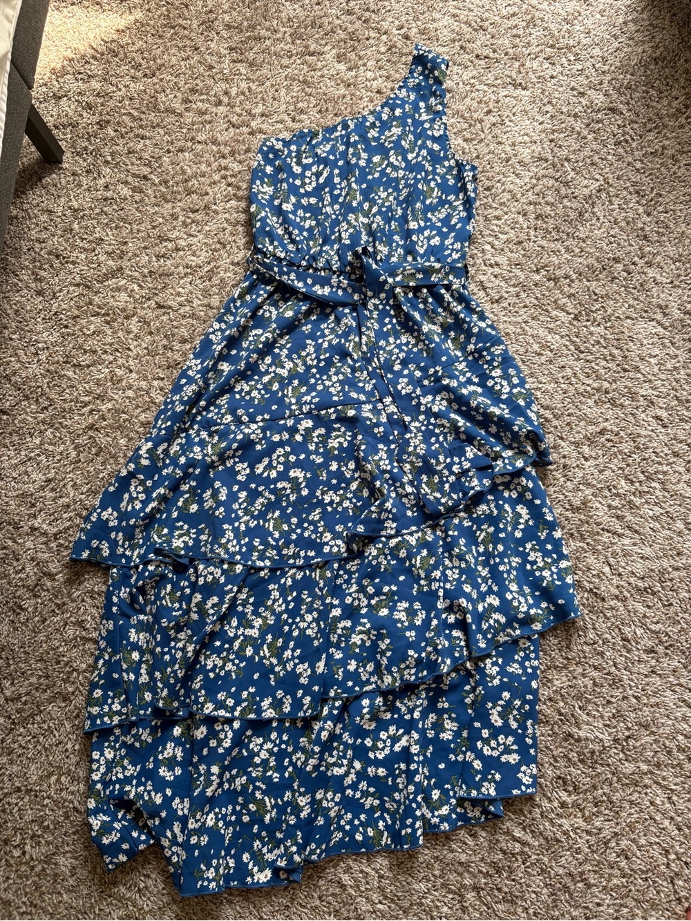 Blue One-Shoulder Floral Tiered Midi Dress